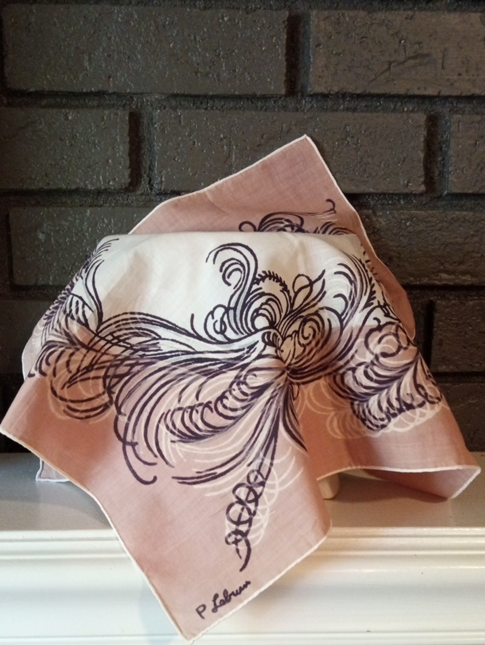 1950's Vintage P. Laburn Signed Blush and White Feather Swirl Design Handkerchie